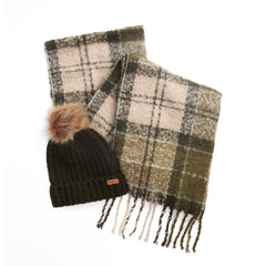 Barbour Womens Saltburn Beanie & Tartan Scarf Gift Set Ancient Loden/Dark Green - Parasol Store