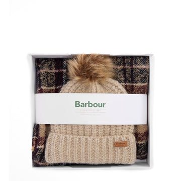 Barbour Womens Saltburn Beanie & Tartan Scarf Gift Set Gardenia Tartan