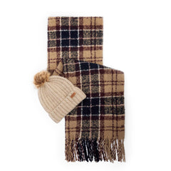 Barbour Womens Saltburn Beanie & Tartan Scarf Gift Set Gardenia Tartan - Parasol Store