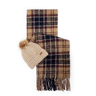 Barbour Womens Saltburn Beanie & Tartan Scarf Gift Set Gardenia Tartan