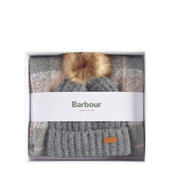 Barbour Womens Saltburn Beanie & Tartan Scarf Gift Set Grey Rose - Parasol Store