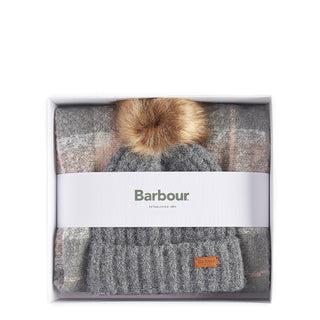 Barbour Womens Saltburn Beanie & Tartan Scarf Gift Set Grey Rose