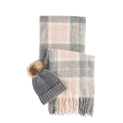 Barbour Womens Saltburn Beanie & Tartan Scarf Gift Set Grey Rose - Parasol Store