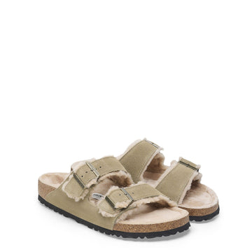 Birkenstock Womens Arizona Shearling Suede Leather Narrow Fit Taupe - Parasol Store