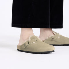 Birkenstock Womens Boston Shearling Suede Leather Narrow Fit Taupe - Parasol Store