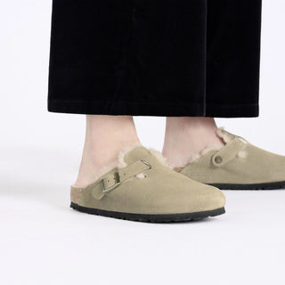 Birkenstock Womens Boston Shearling Suede Leather Narrow Fit Taupe - Parasol Store