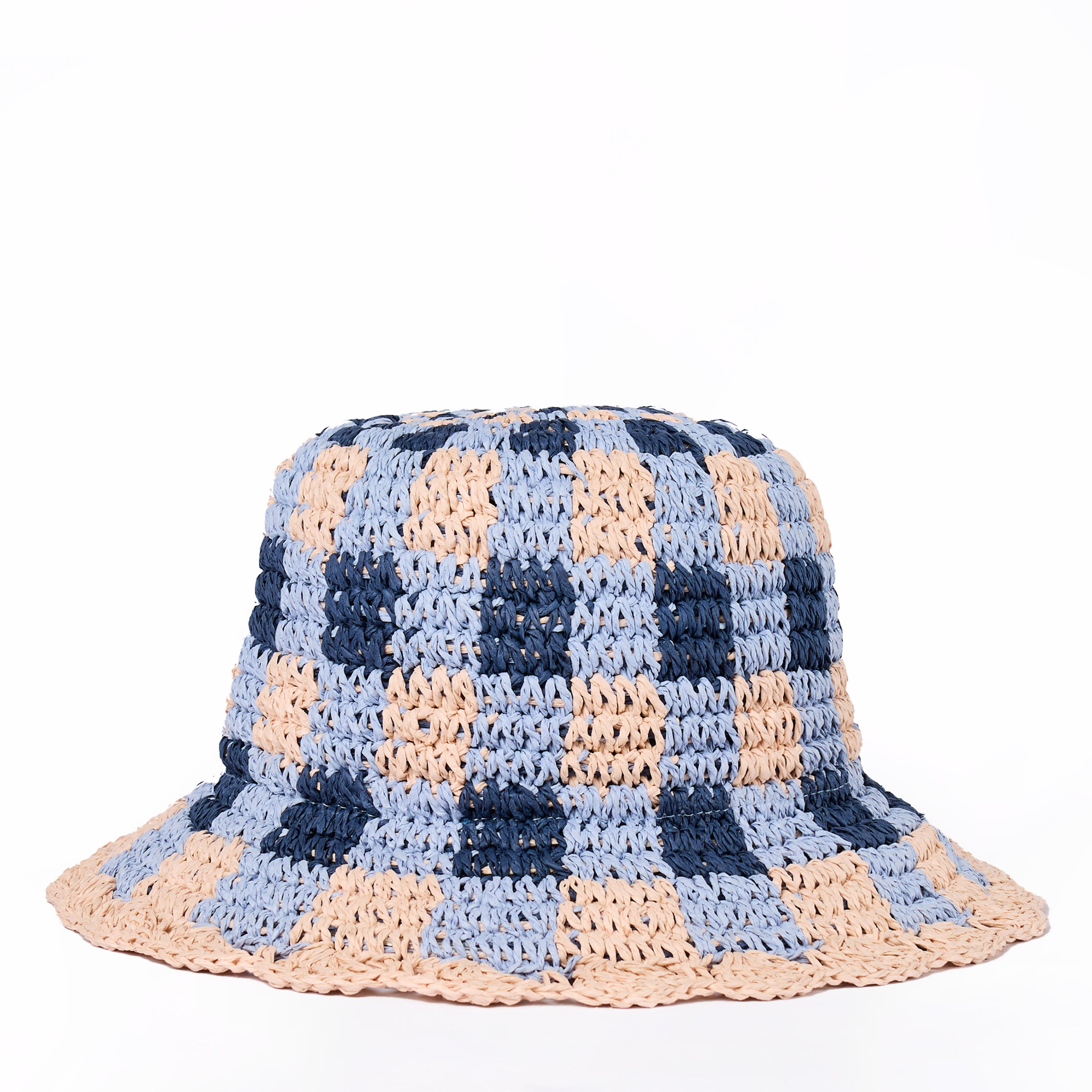 Damson Madder Gingham Straw Bucket Hat Navy & Pale Pink