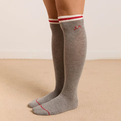 Damson Madder High Knee Socks Grey Marl With Red Stripe - Parasol Store