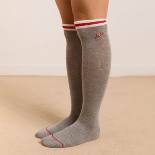 Damson Madder High Knee Socks Grey Marl With Red Stripe