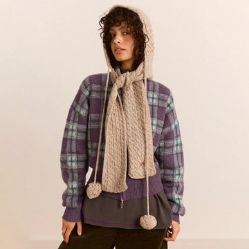 Damson Madder Hooded Pom Pom Scarf Oatmeal Marl