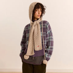 Damson Madder Hooded Pom Pom Scarf Oatmeal Marl