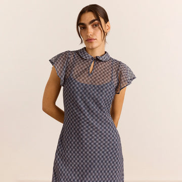 Damson Madder Hudson Sheer Midi Dress Willow Gingham / Blue Grey