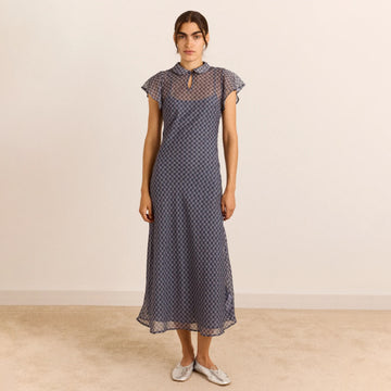 Damson Madder Hudson Sheer Midi Dress Willow Gingham / Blue Grey