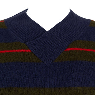 Damson Madder Odette V Neck Jumper Olive / Navy Stripe - Parasol Store