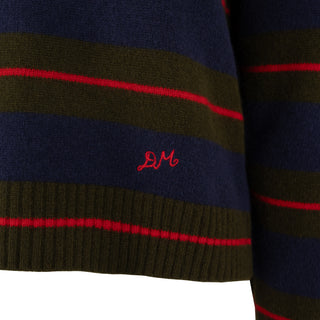 Damson Madder Odette V Neck Jumper Olive / Navy Stripe - Parasol Store