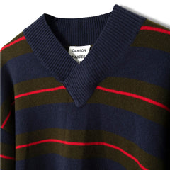 Damson Madder Odette V Neck Jumper Olive / Navy Stripe - Parasol Store