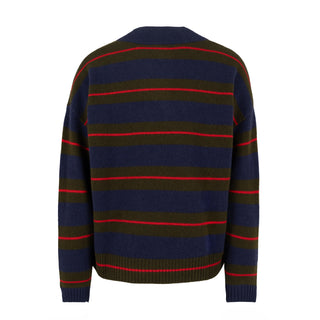 Damson Madder Odette V Neck Jumper Olive / Navy Stripe - Parasol Store
