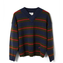Damson Madder Odette V Neck Jumper Olive / Navy Stripe - Parasol Store