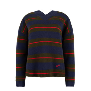 Damson Madder Odette V Neck Jumper Olive / Navy Stripe - Parasol Store