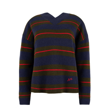 Damson Madder Odette V Neck Jumper Olive / Navy Stripe - Parasol Store