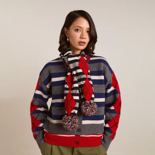 Damson Madder Pom Pom Scarf Argyle Stripe