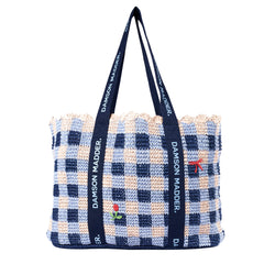 Damson Madder Raffia Tote Bag Navy Margot Gingham - Parasol Store