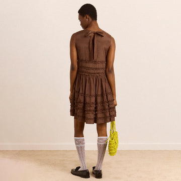 Damson Madder Reed Drop Waist Ruffle Midi Dress Sheer Choc
