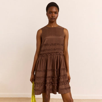 Damson Madder Reed Drop Waist Ruffle Midi Dress Sheer Choc