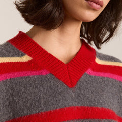 Damson Madder Rene Merino Wool V Jumper Pink / Red Stripe - Parasol Store