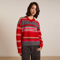Damson Madder Rene Merino Wool V Jumper Pink / Red Stripe - Parasol Store