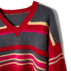 Damson Madder Rene Merino Wool V Jumper Pink / Red Stripe - Parasol Store