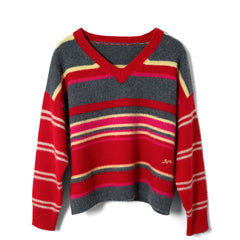 Damson Madder Rene Merino Wool V Jumper Pink / Red Stripe - Parasol Store