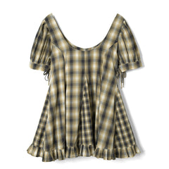 Damson Madder Sabina Mini Godet Dress Mix Check Cardamon