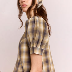 Damson Madder Sabina Mini Godet Dress Mix Check Cardamon