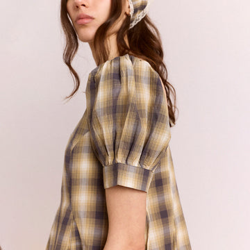 Damson Madder Sabina Mini Godet Dress Mix Check Cardamon