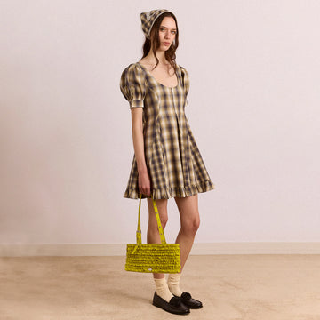 Damson Madder Sabina Mini Godet Dress Mix Check Cardamon