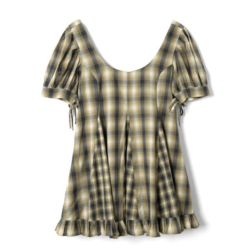 Damson Madder Sabina Mini Godet Dress Mix Check Cardamon