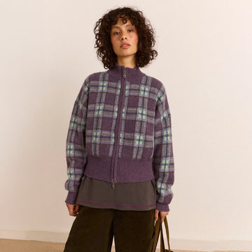 Damson Madder Saffy Merino Wool Cardigan Brushed Check Multi
