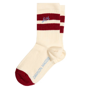 Damson Madder Sporty Calf Length Socks Cream With Red Stripe - Parasol Store