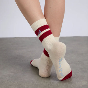 Damson Madder Sporty Calf Length Socks Cream With Red Stripe - Parasol Store