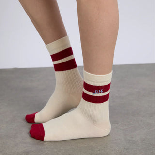 Damson Madder Sporty Calf Length Socks Cream With Red Stripe - Parasol Store