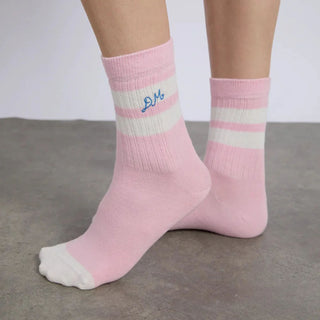Damson Madder Sporty Calf Length Socks Pink With Ecru Stripe - Parasol Store
