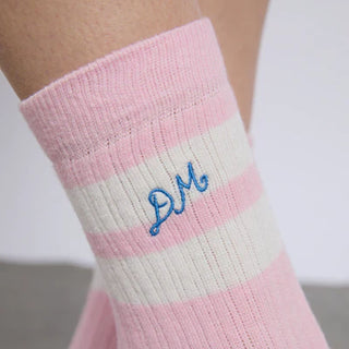 Damson Madder Sporty Calf Length Socks Pink With Ecru Stripe - Parasol Store