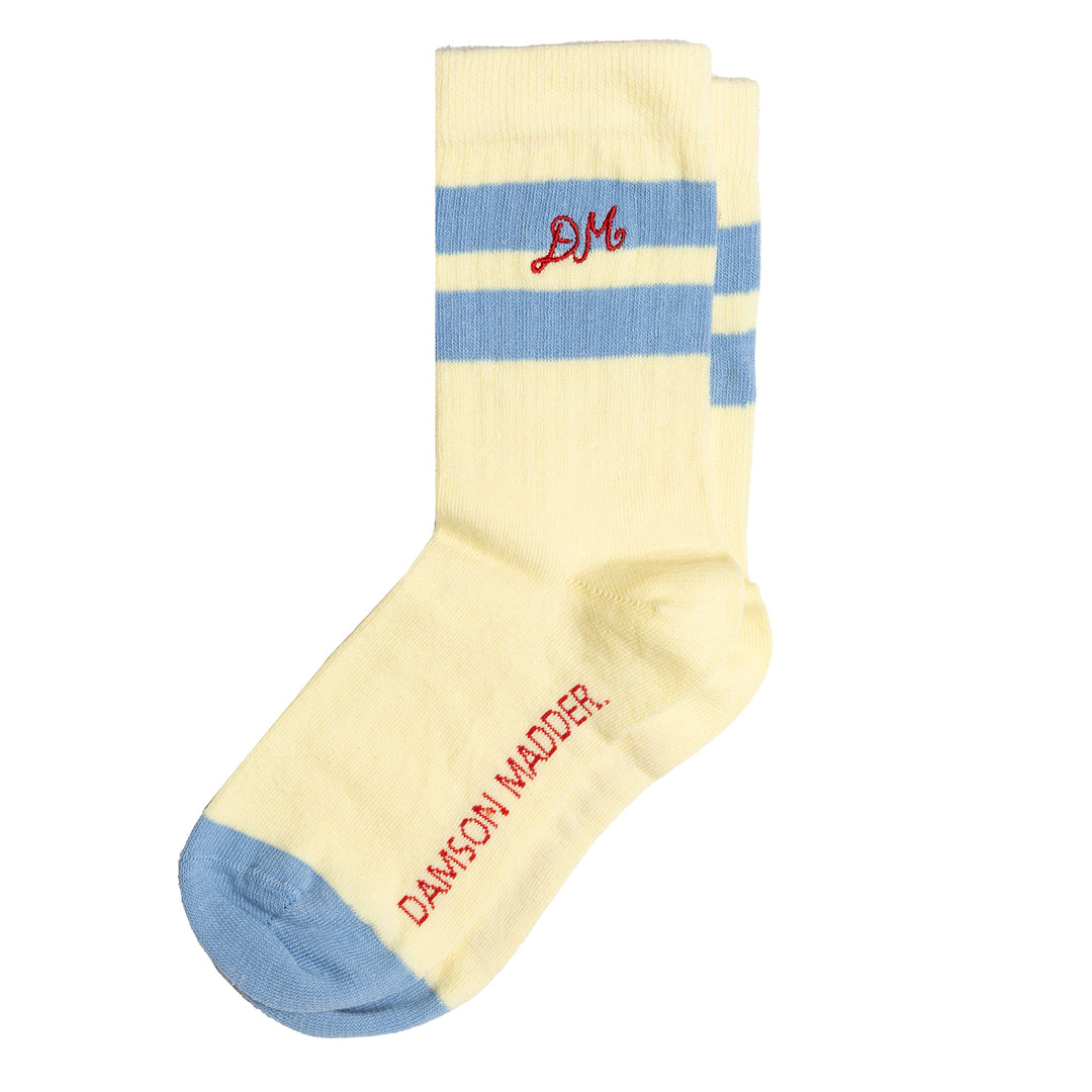 Damson Madder Sporty Calf Length Socks Yellow With Blue Stripe - Parasol Store