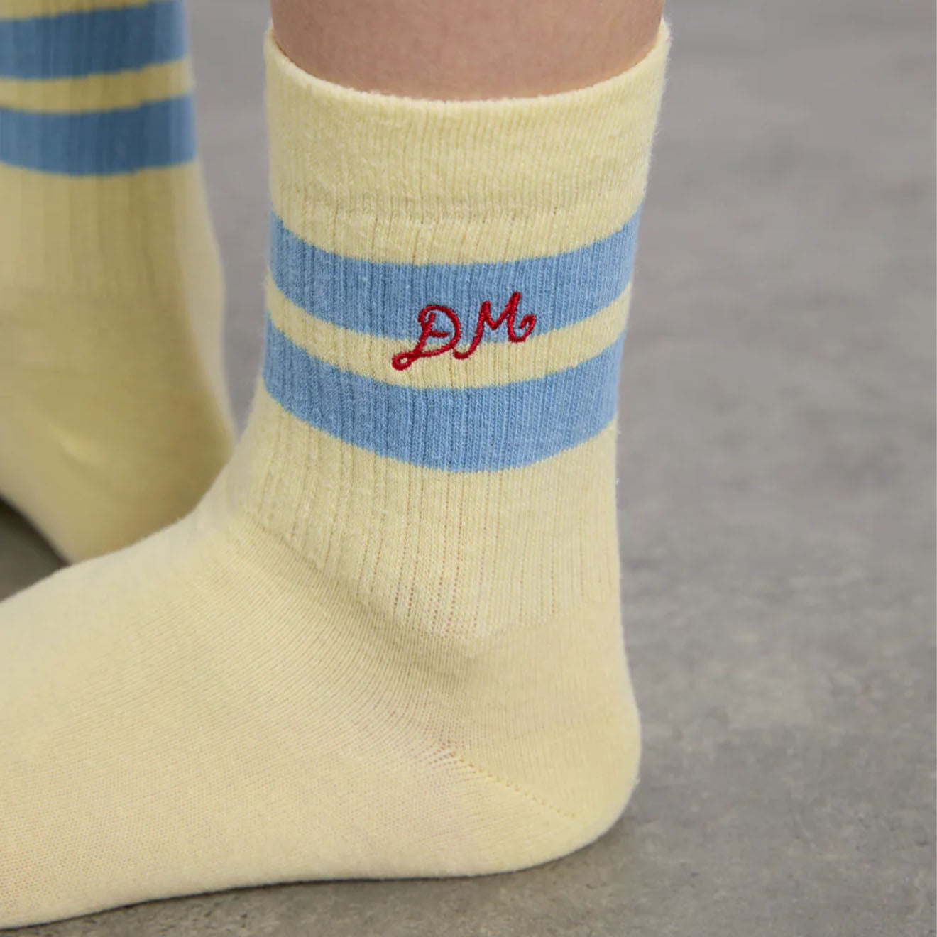 Damson Madder Sporty Calf Length Socks Yellow With Blue Stripe - Parasol Store