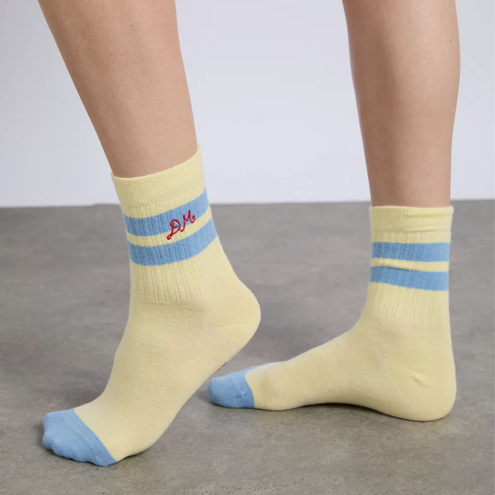 Damson Madder Sporty Calf Length Socks Yellow With Blue Stripe - Parasol Store