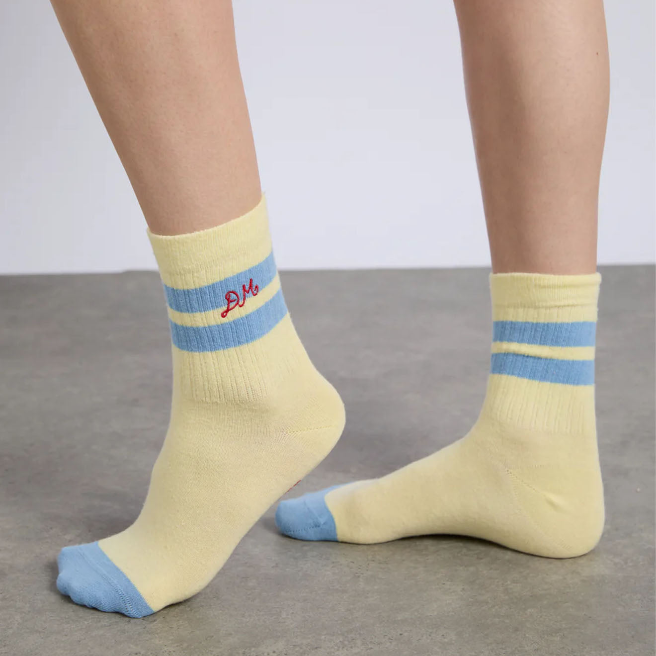 Damson Madder Sporty Calf Length Socks Yellow With Blue Stripe - Parasol Store