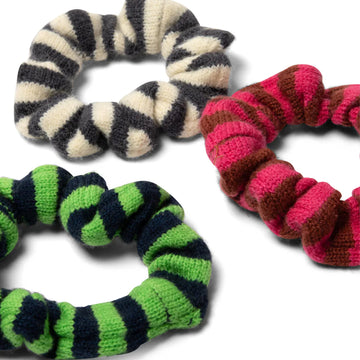 Damson Madder Stripe Knitted Scrunchies 3 Pack Red Green Cream
