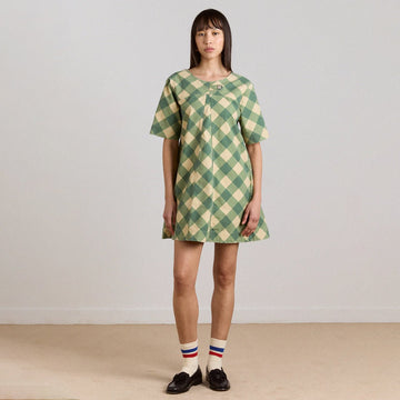 Damson Madder Womens Bridget Mini Dress Green Butter Gingham - Parasol Store