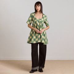 Damson Madder Womens Bridget Mini Dress Green Butter Gingham - Parasol Store